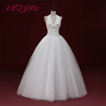 

AXJFU halter-neck wedding dress princess beading flower lace sleeveless luxury white wedding dress pearl wedding dress