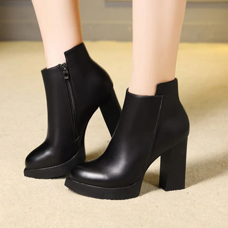 

2018 New Fashion Women Ankle Boots Pointed Head Thick Bottom PU Leather Waterproof Winter Woman Martin Boots Bota Feminina