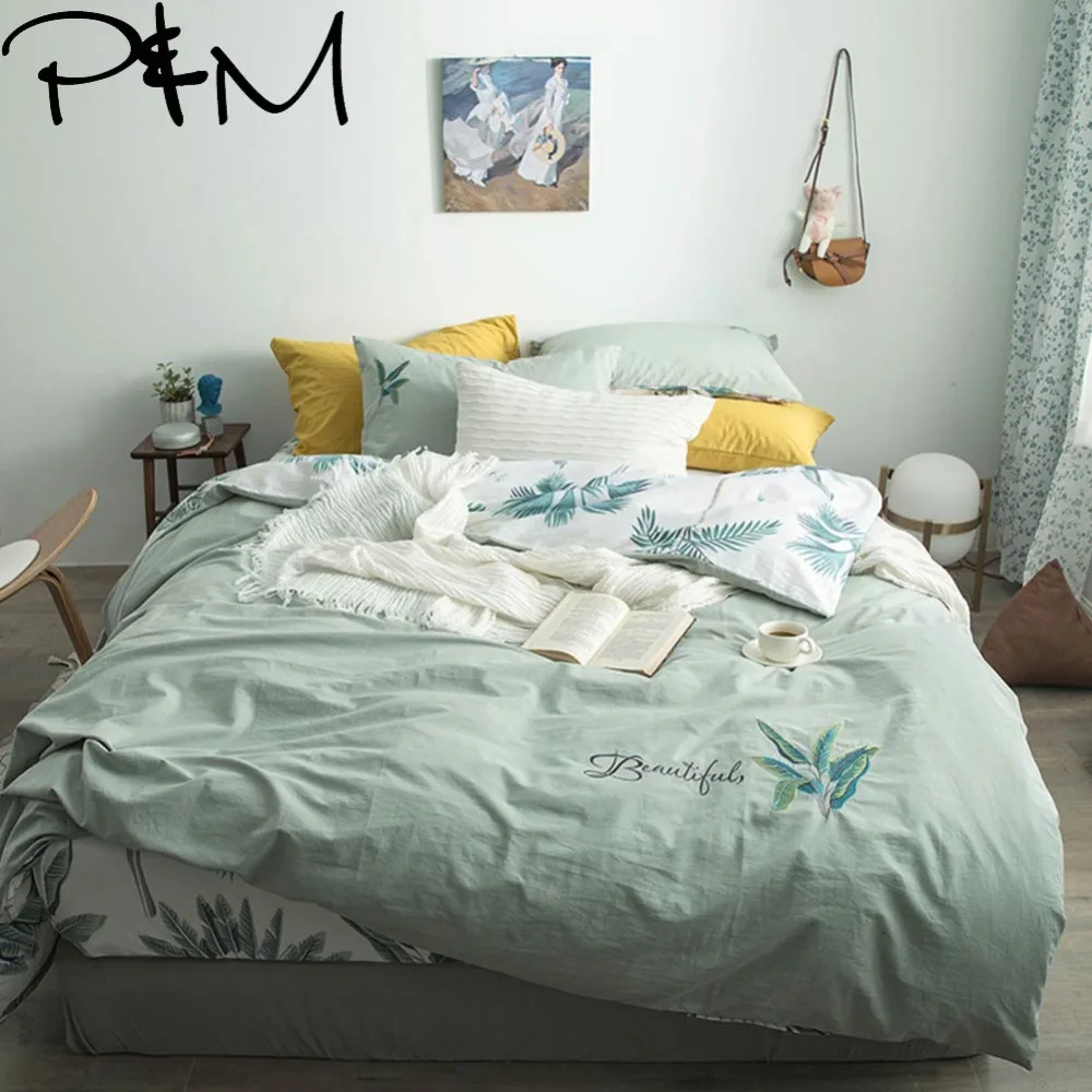 

Papa&Mima coconut tree Embroidery Modern style children bedding set Queen King size flatsheet pillowcases duvet cover sets