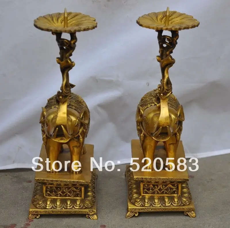 

Exquisite China Bronze Pair Elephants Lotus leaf Menorah Statue
