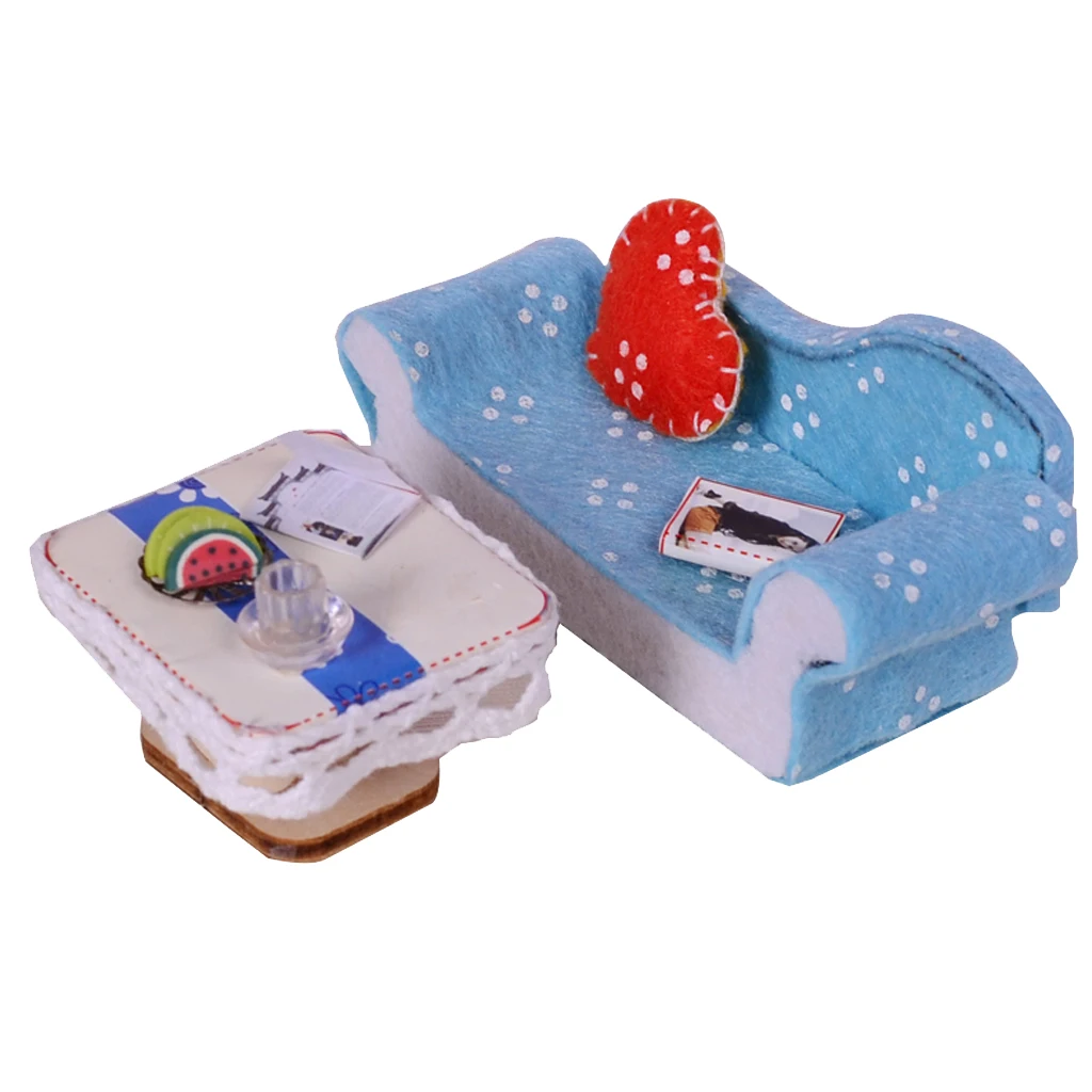 1/24 دمية مصغرة أثاث غرفة المعيشة أريكة مع وسادة و نهاية الجدول جنسين الأزرق