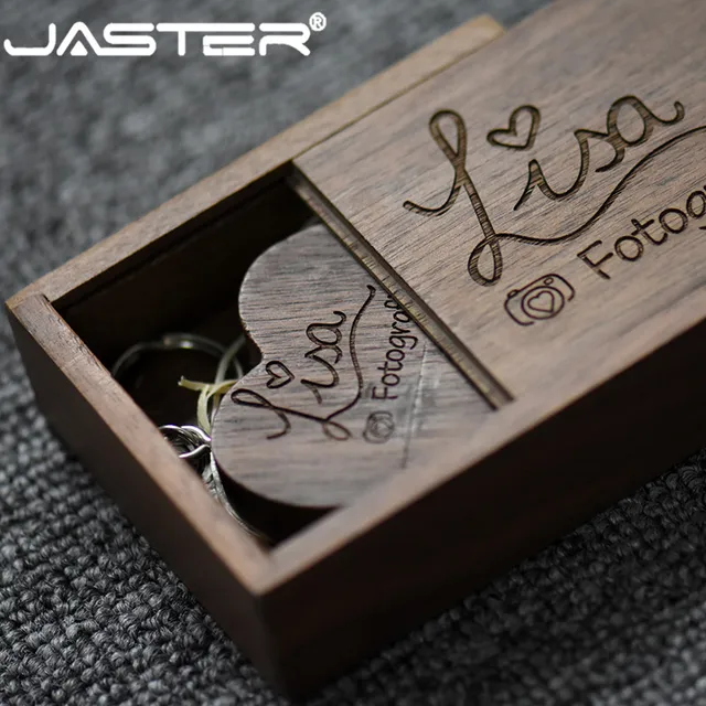 JASTER  LOGO custom made walnut wooden heart + gift box USB flash drive creative pendrive 8GB 16GB 32GB 64GB