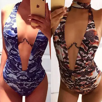 

2017 Sexy Women's One-Piece Suits Printed Swimsuit Deep V Neck Swimwear Bathing Push Up Padded Bikini