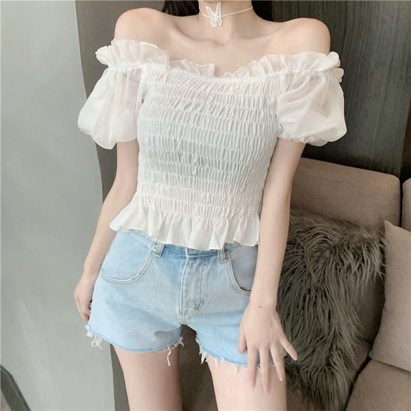 

Stretchy Shirt Summer Sweet Ruffles Slash Neck Cropped Blouses Women Short Lantern Sleeve Mesh Crop Tops For Girls