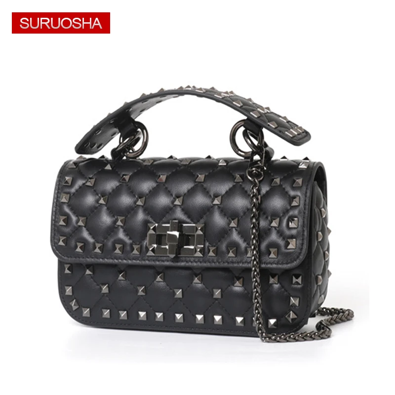

Women Handbag Brand Designer Black Chains Rivet Shoulder Bags Ladies Sheepskin Luxury Bags Real Leather Bag Black Rivet Brand