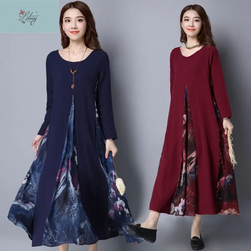 

167# Vintage Dress Folk Style Cotton Linen Printed Maxi Dress Fashion Long-sleeved O-neck Dress Autumn Dress Vestidos 2017 New