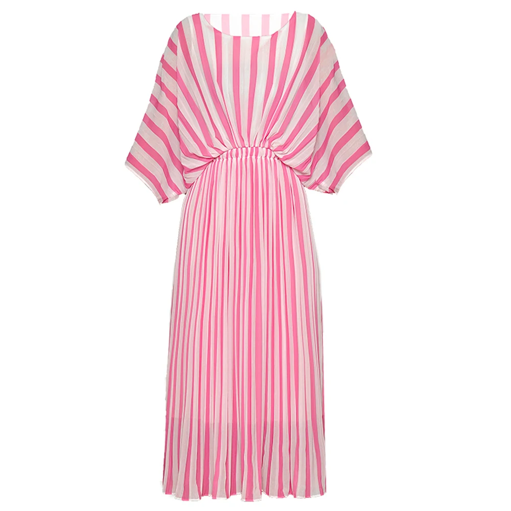 

Red RoosaRosee Stripe Print Batwing Sleeve Elastic Waist Pleated Chiffon Dress Summer Women Midi Beach Holiday Vestidos Robe