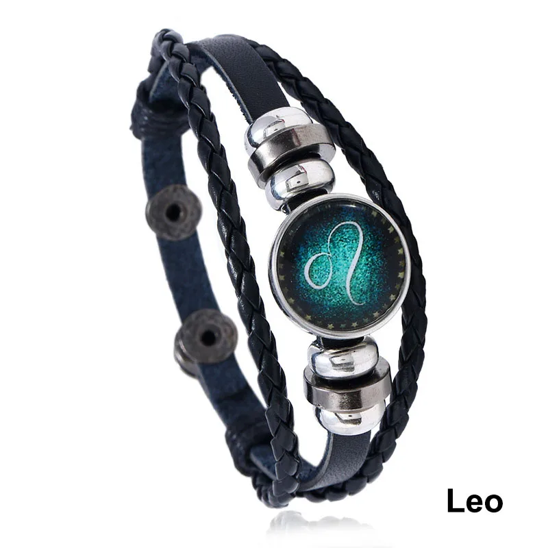 Натуральная кожа плетеные знаки браслет со знаком зодиака 12 созвездий браслет для мужчин и женщин пара ювелирные изделия, браслеты в подарок - Окраска металла: Leo