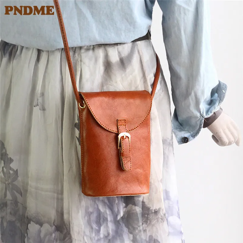 

PNDME summer vintage genuine leather ladies shoulder messenger bags simple solid color soft cowhide handmade women's bucket bag