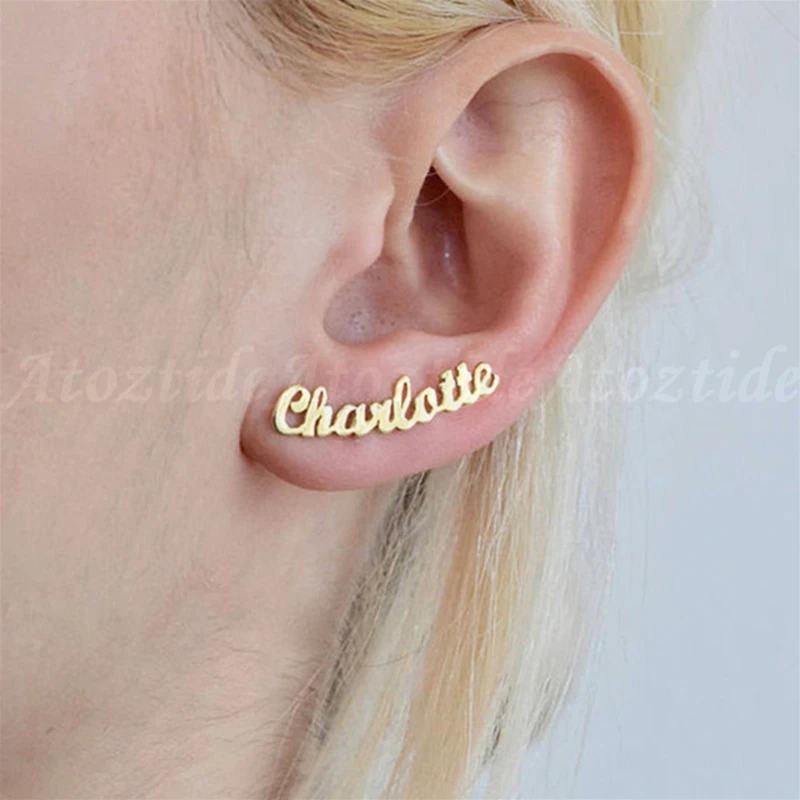 Brincos identificadores atozmaré com nome personalizado, em aço inoxidável com letras, moda feminina, nome personalizado, piercing com placa de identificação