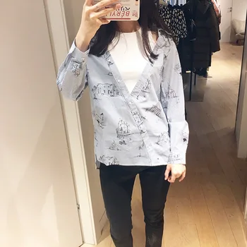 

Women Long Sleeve Cotton Shirts Loose Print Two-pieces Haut Femme Blouse Spring and Autumn
