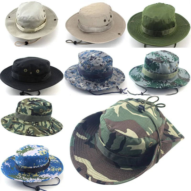 

JETTING 1Pc Sun Hats Cap Men Women Camouflage Bucket Hat With String Fisherman Cap Military Panama Safari Boonie
