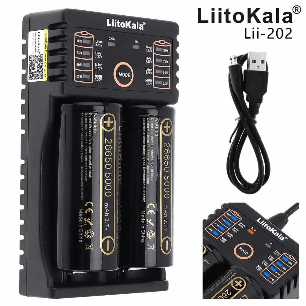 

Liitokala 2pcs 26650 3.7V 5000mAh Li-ion Rechargeable Battery with Portable Battery Package Box and 2 Slots USB Smart Charger