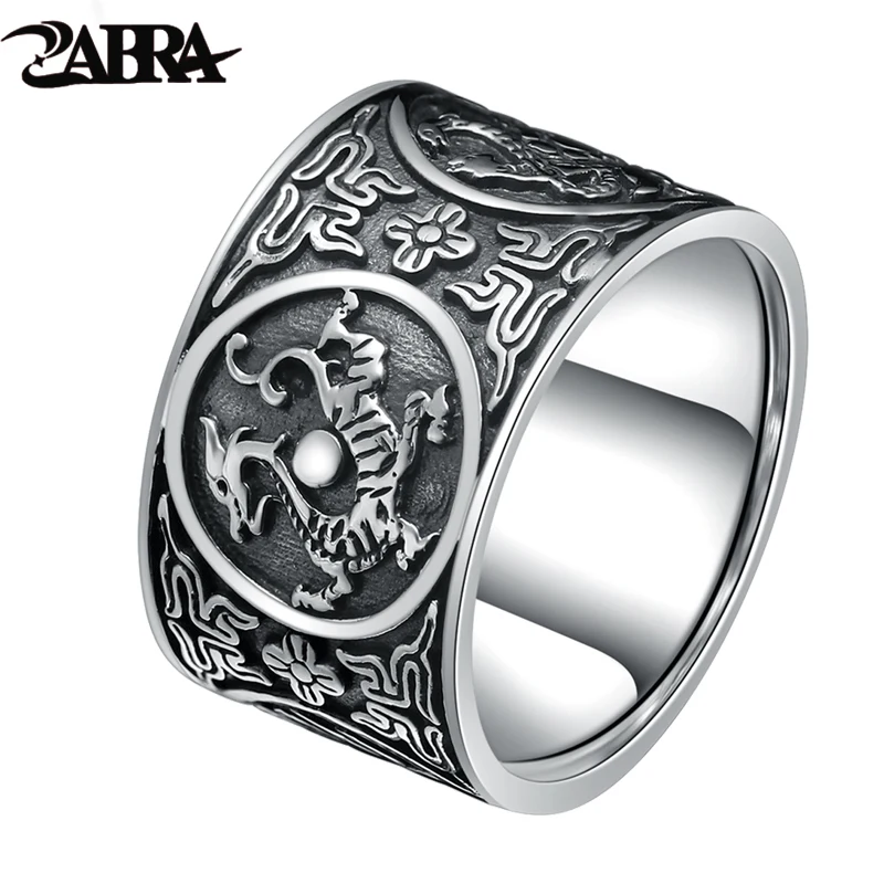 ZABRA, Стерлинговое серебро 999, кольцо для мужчин, Ретро стиль, мужские кольца, китайские, 4 создания, дракон, тигр, птица, черепаха, панк-рок, байкер, серебряные ювелирные изделия