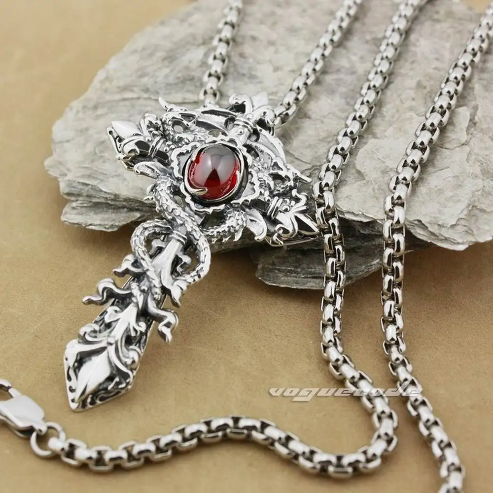 LINSION 925 Sterling Silver Dragon Twine Cross Sword Red CZ Mens Biker Pendant 8X001 Stainless Steel Necklace 24inch цена LINSION 925 Sterling Silver Dragon Twine Cross Sword Red CZ Mens Biker Pendant 8X001 Stainless Steel Necklace 24inch цены онлайн