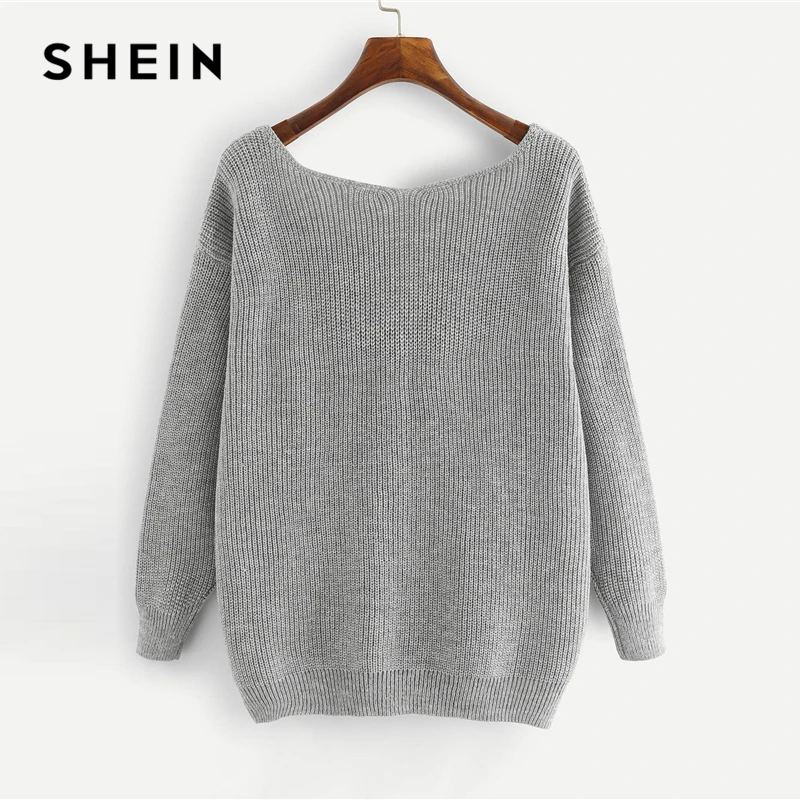 SHEIN رمادي Preppy أنيقة زائد حجم مسقطة الكتف القوس التفاصيل الصلبة البلوفرات سترة الخريف عارضة عمال المرأة صداري