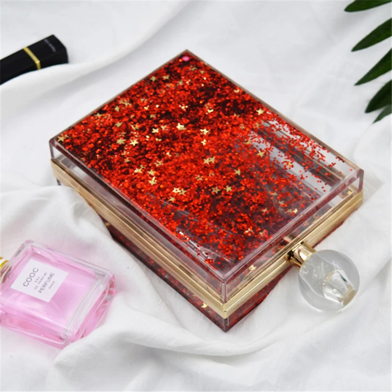 

Women Bags Transparent Quicksand Handbags Acrylic Evening Bag Gold Silver Red Wedding Bride Flap Ladies Perfume Bottle Bags