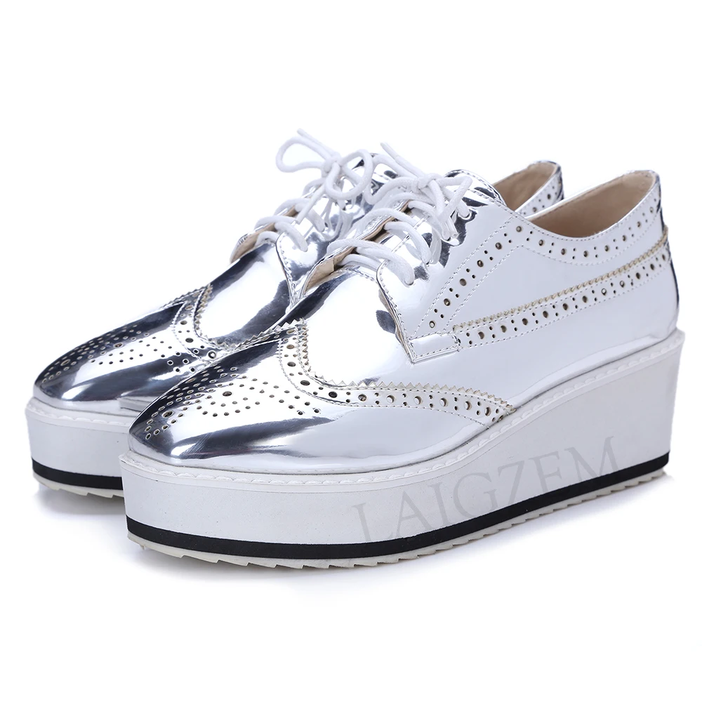 

LAIGZEM Women Patent Sneakers Platform Wedge Height Increasing Waterproof Casual Shoes Woman Chaussure Sapato Large Size 32-48