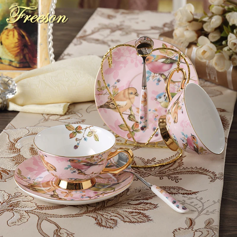 

Europe Pastoral Bird Bone China Coffee Cup Advanced Porcelain Tea Cup And Saucer Set 200ml Mug Tray Tumbler For Gift Cafe Party