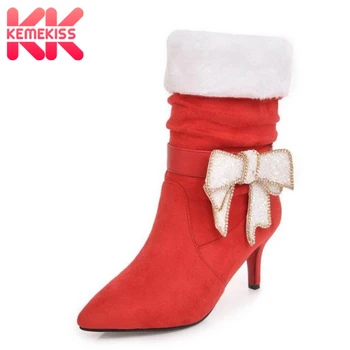 

KemeKiss New Women Short Boots Bling Bowtie Mid Calf Boots Thick Fur Winter Women Shoes Thin Heels Ladies Footwear Size 32-43