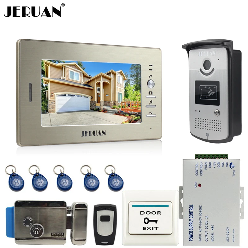 

JERUAN 7 inch LCD Screen Video DoorPhone Intercom System 1 Monitor + 700TVL RFID Access Camera + E-lock FREE SHIPPING