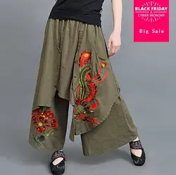 Дамы Мешковатые штаны женские брюки с широкими штанинами Китайская традиционная вышивка вышитые платья штаны свободные брюки 3 цвета F3699