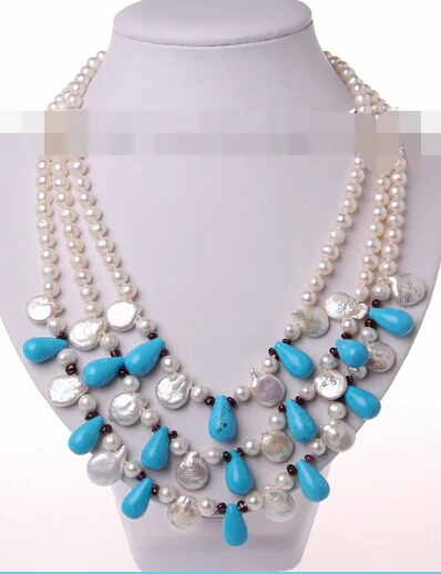 

huij 002184 3rows white round freshwater pearl blue turquoise necklace
