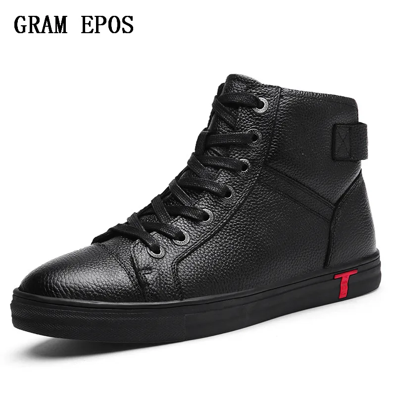 

2018Autumn And Winter Men's Leather Thermal High Top Cashmere Shoes Youth Lace Up Trend Personality Shoes Comfortable Flat Shoes