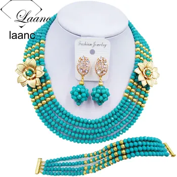 

Laanc Fashion Women Aqua Blue African Costume Jewelry Set Nigerian Beads Necklace Wedding Bridal Jewelry Sets 5XSH007