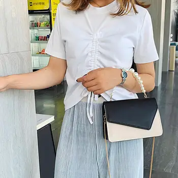 

Simple Leather Crossbody Bags For Women Handbags Pearl Shoulder Bags Chain Patchwork Color Messenger Bags #20