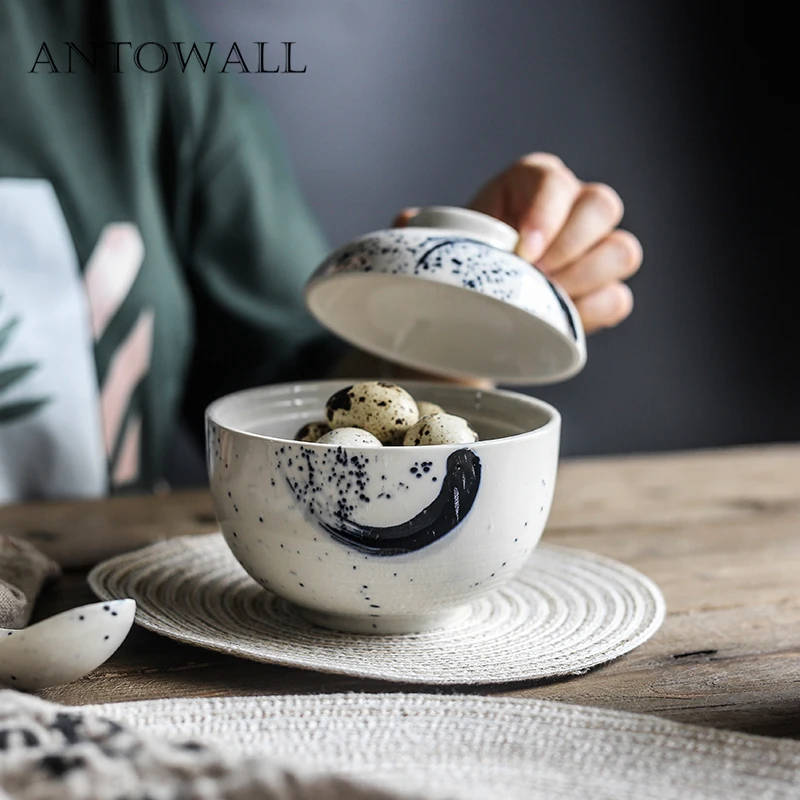 ANTOWALL Small tureen commercial home use soup bowl with lid ceramic  Japanese tableware steamed egg dessert bowl