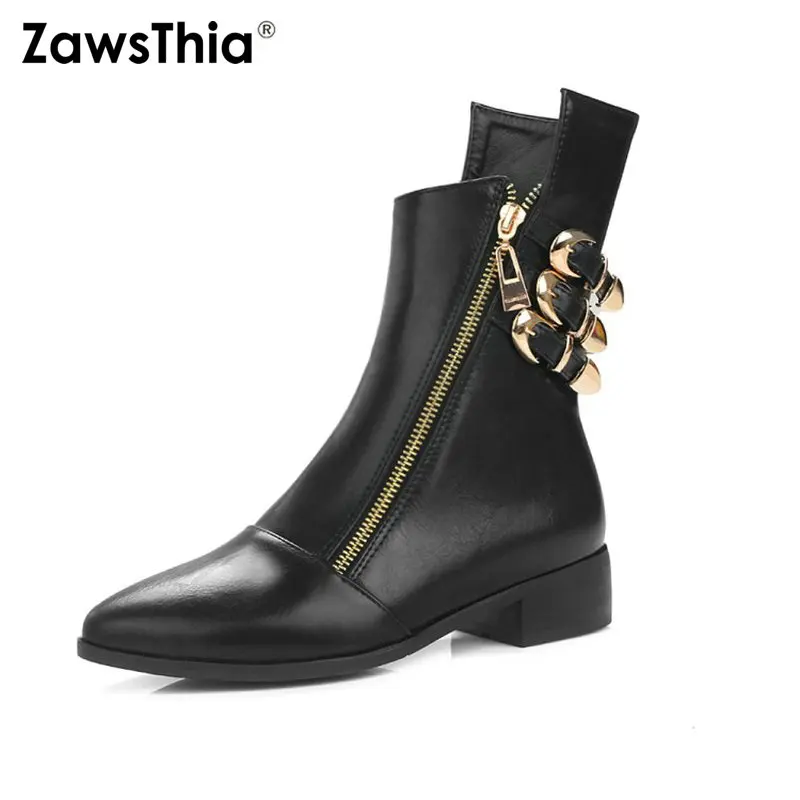 

ZawsThia Autumn Winter Chunky Thick Square Low Heel Woman Shoes Punk Zipper Metal Buckle Ankle Boots Women Chelsea Martin Boots