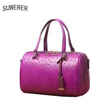 SUWERER, новинка, улучшенная воловья кожа, женские сумки из натуральной кожи, тисненый рисунок страуса, модная Бостонская сумка, женская кожаная сумка-тоут