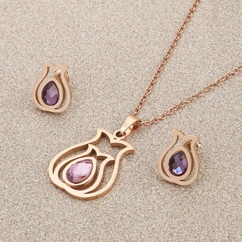 

Cute Rose Flower Pendant Necklace and Earring For Women Ladies Purple Crystal Indie Pops Jewelry Set