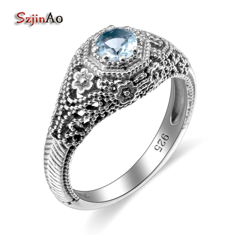 Szjinao Finger Rings For Women Vintage Blue Aquamarine Flower Ring Solid 925 sterling- silver-jewelry Crystal bachelorette party