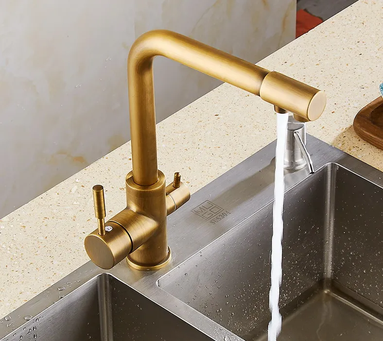 Luxury Vintage Retro Antique Brass two Levers 3-Way Water Filter Tap Kitchen Sink Faucet Mixer asf124
