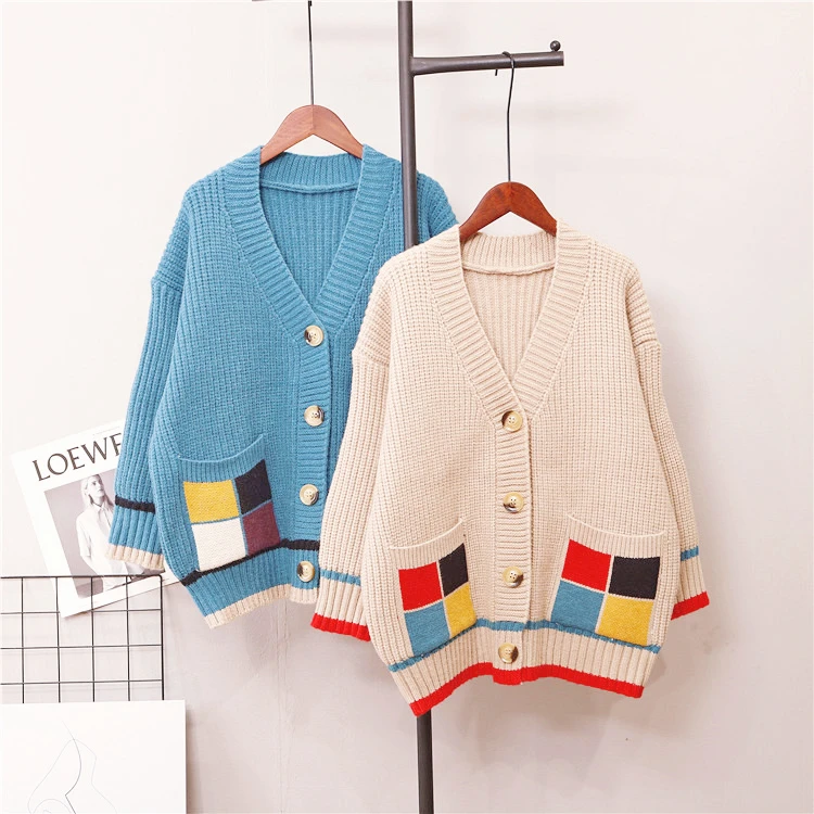 

Women Red Sweater Cardigan Woman Korea Sweet Hit Color Pocket 2019 Autumn New Style Knitted Sweater Winter Clothes Women