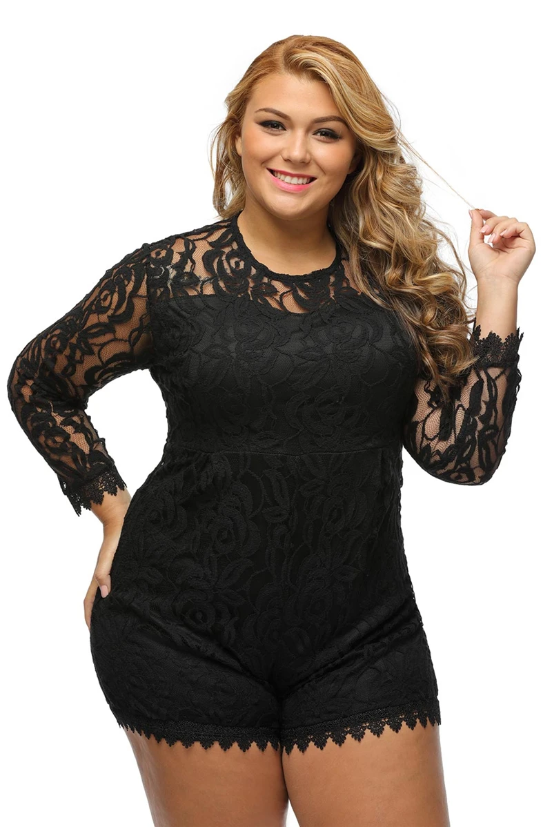 

Plus Size L-6XL Women Lace Romper Solid Hollow Out Long Sleeve Jumpsuits Sexy Shorts Playsuit Ladies Clubwear Bodysuits