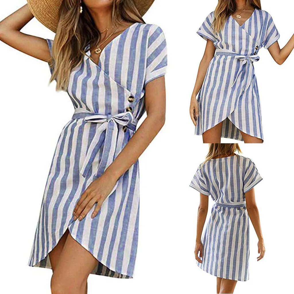 

Female Sexy Button summer Evening Party Dress With Belt Women's V-neck Striped Tie New Short Sleeve Dress vestido verano mujer