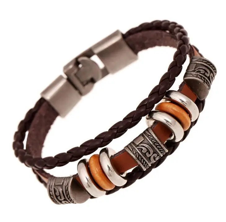 

Handmade Retro Genuine Leather Woven Charm Bracelet Men Vintage Braided Bracelets Bangles Male Jewelry