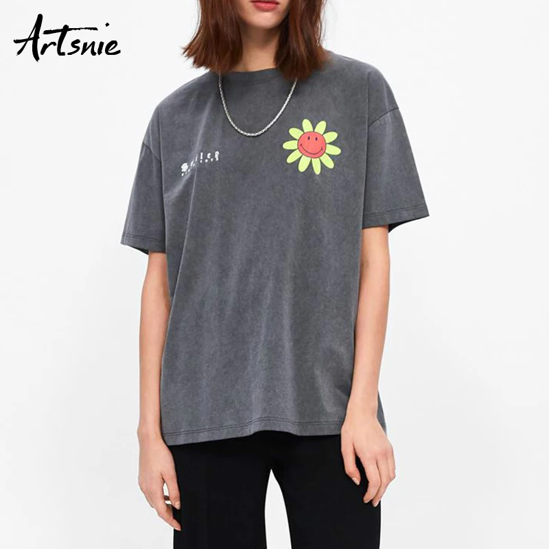 

Artsnie floral print dark gray women t shirt summer 2019 o neck short sleeve knitted tee tops streetwear casual girls tshirts