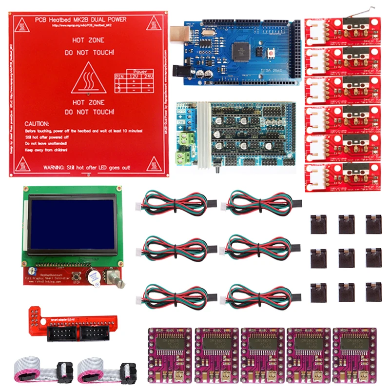 Комплект Reprap Ramps 1,6 с Mega 2560 r3+ Heatbed MK2B+ 12864 ЖК-контроллер+ DRV8825+ механический переключатель+ кабели для 3D-принтера