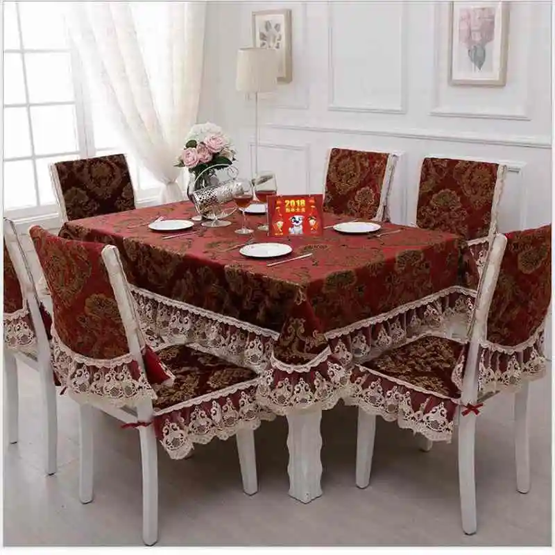 

Elegant Red Flannel Chennile Lace Floral Home Kitchen Party Tablecloth Set Suit Table-cloth Rectangular Table Cloth Chair Cover