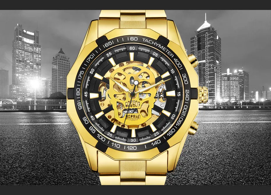 Новые модные механические часы для мужчин с дизайном черепа Топ бренд класса люкс Золотой Нержавеющая сталь ремешок Скелет Человек Авто наручные часы