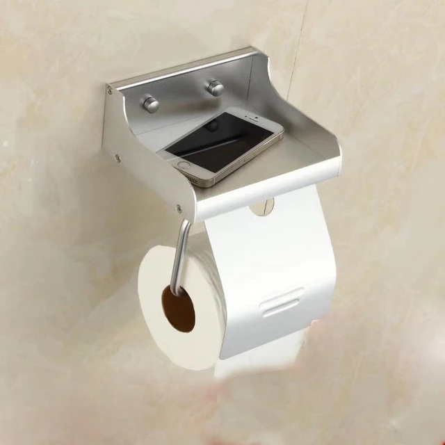 Bathroom Toilet Paper Holder Toilet Roll Paper Rack with Phone Shelf Wall Mounted Aluminum Black/Sliver EL7566
