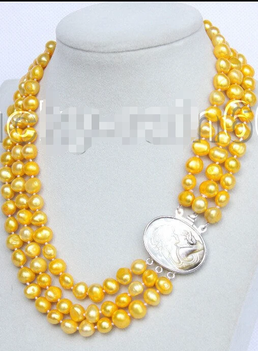 

FREE SHIPPING *****baroque 16"-18" 3row 9mm yellow FW pearls necklace E8791
