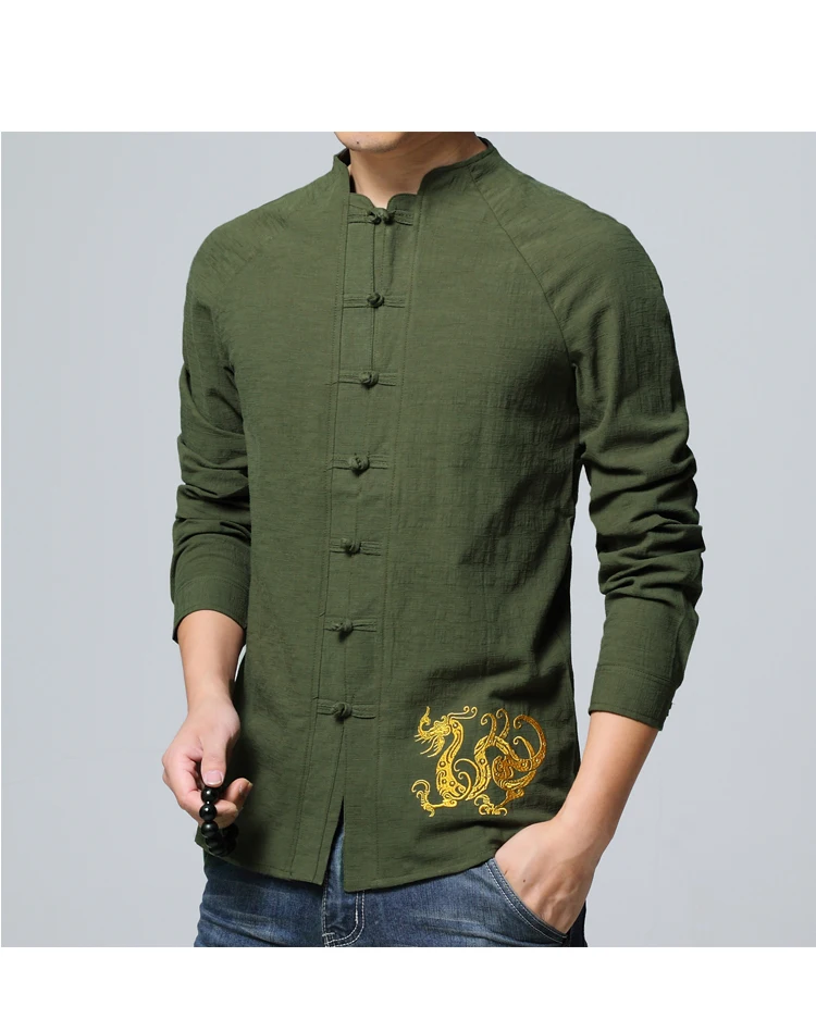 Китайский стиль, Ретро стиль, однотонная мужская рубашка с вышивкой, длинный рукав, 2XL, 3XL, белый, черный, зеленый, красный цвет, Модная тонкая мужская повседневная рубашка