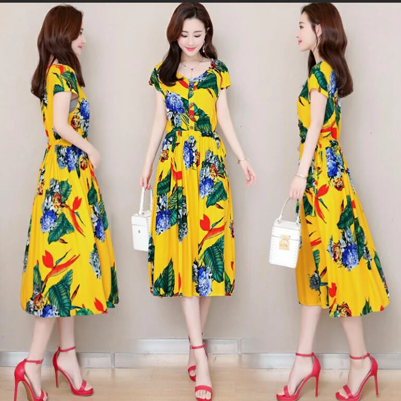 

Summer Eleagnt Work Vestido Women Round Neck Vintage Floral Printed Pocket cotton silk dress Long Dress plus size S-6XL