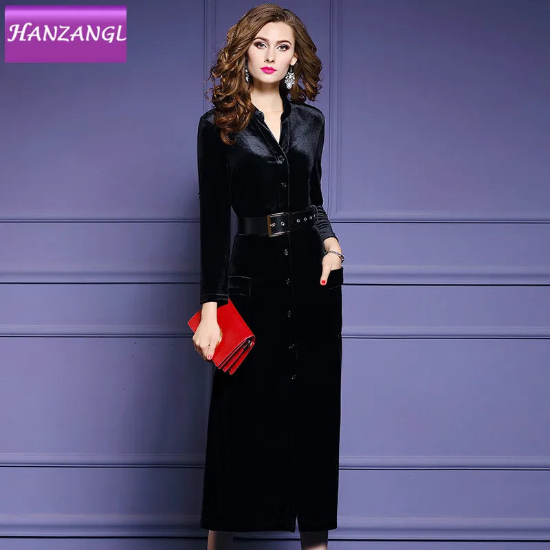 

HANZANGL spring autumn Vintage velvet temperament dress female Single-breasted Sashes Waist A-Line dresses S~3XL 13313