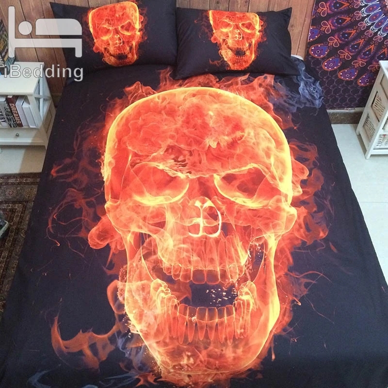 

3Pcs/Set Flame Sugar Skull Print Comforter Sets King Size Bedding Set Luxury Bed Quilt Cover Duvet Cover Sheets Set Halloween